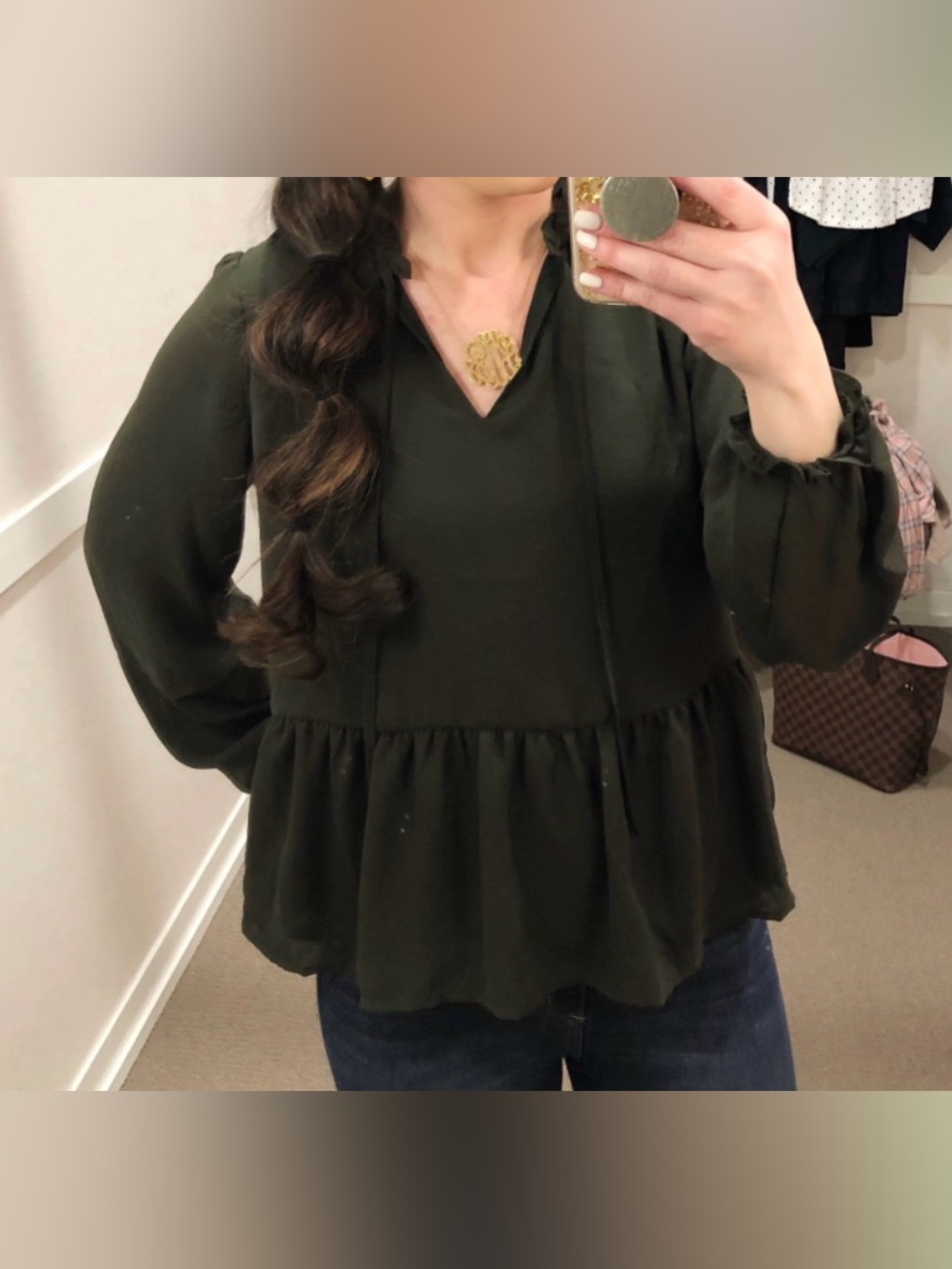 LOFT Olive Ruffle-Neck Long-Sleeve Peplum Blouse